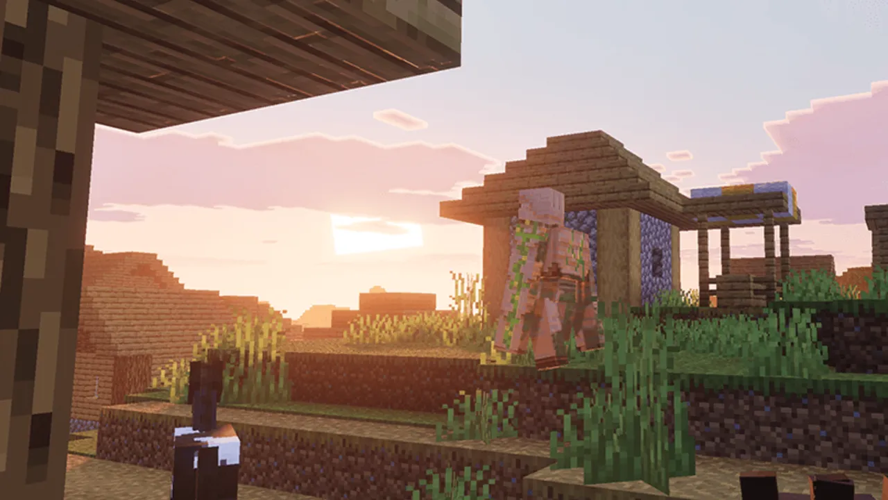 Vanilla Reforged shader: Sunset over wooden house with player nearby