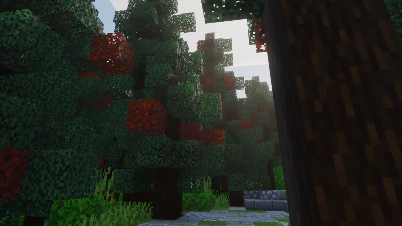 Vibrancy shader for Minecraft PE: Forest with red flowers and tree trunk