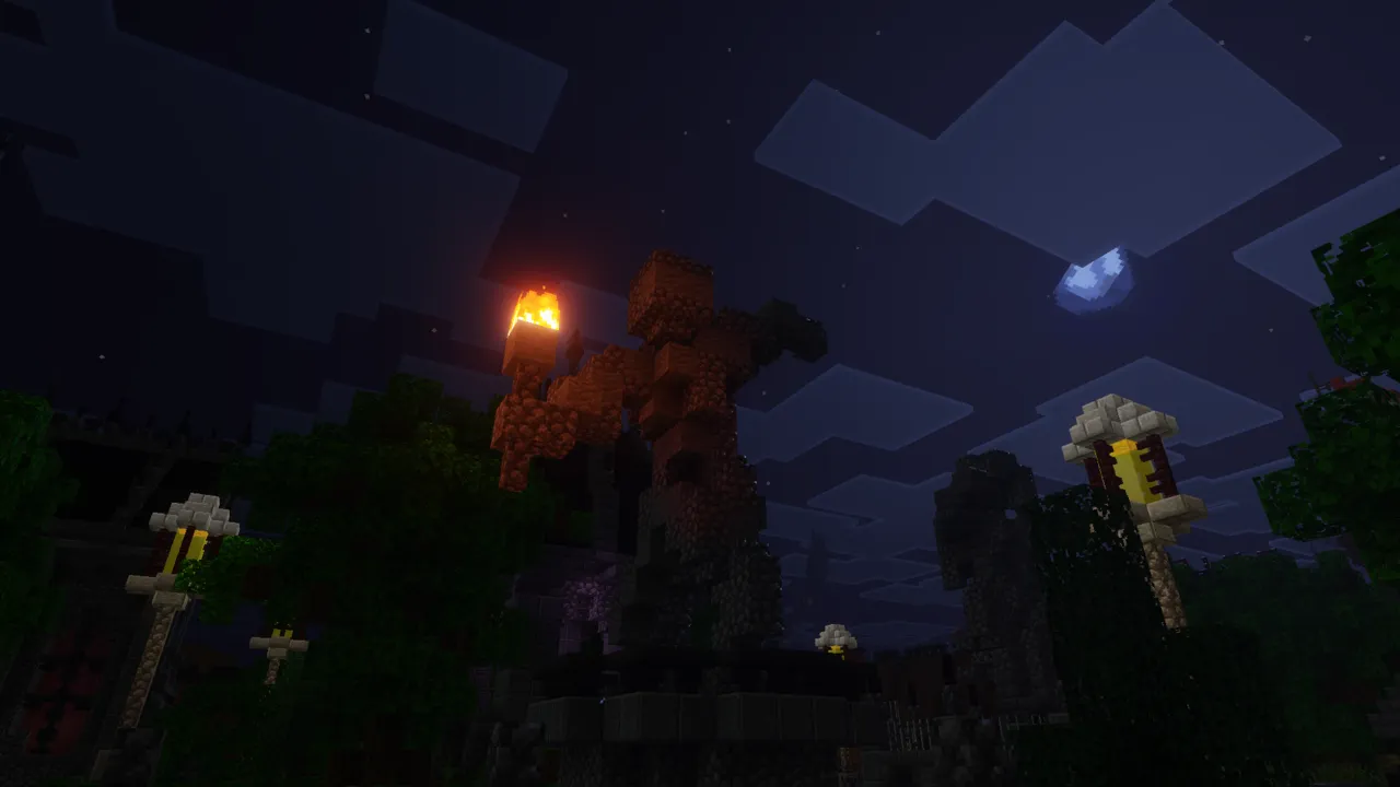 Vibrancy shader: Night scene with glowing torches and trees