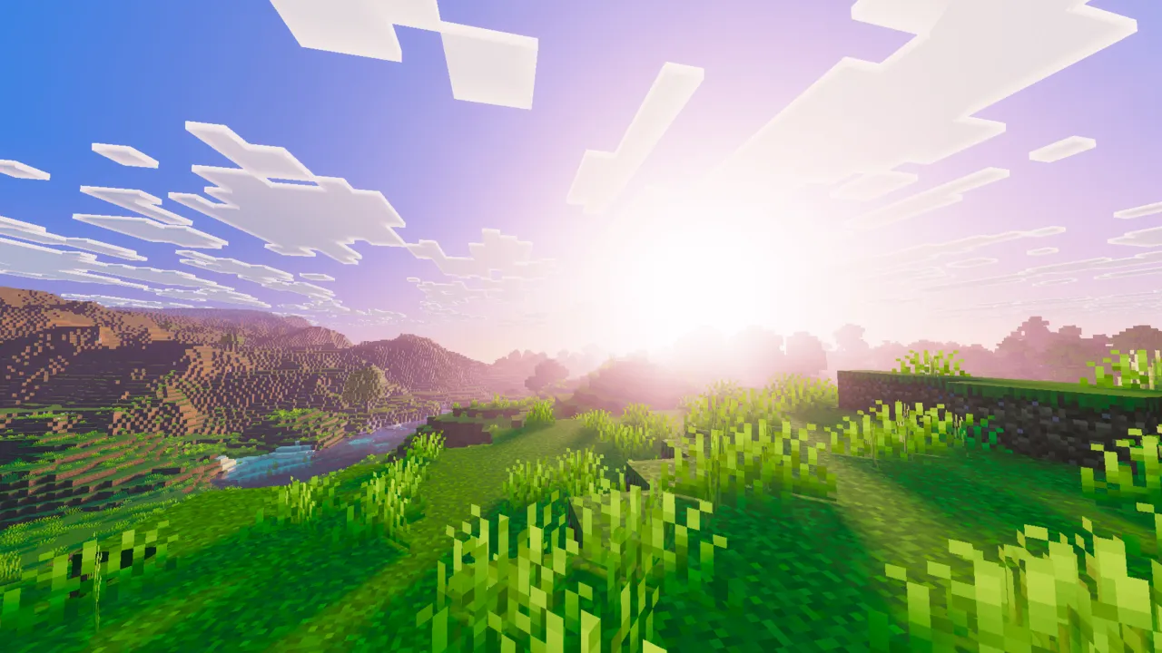 Vibrant Rt Visuals shader: Bright sun shining over grass and hills