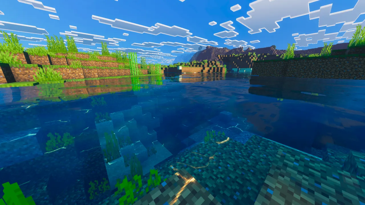 Vibrant Rt Visuals shader: Clear water with plants and shoreline reflections