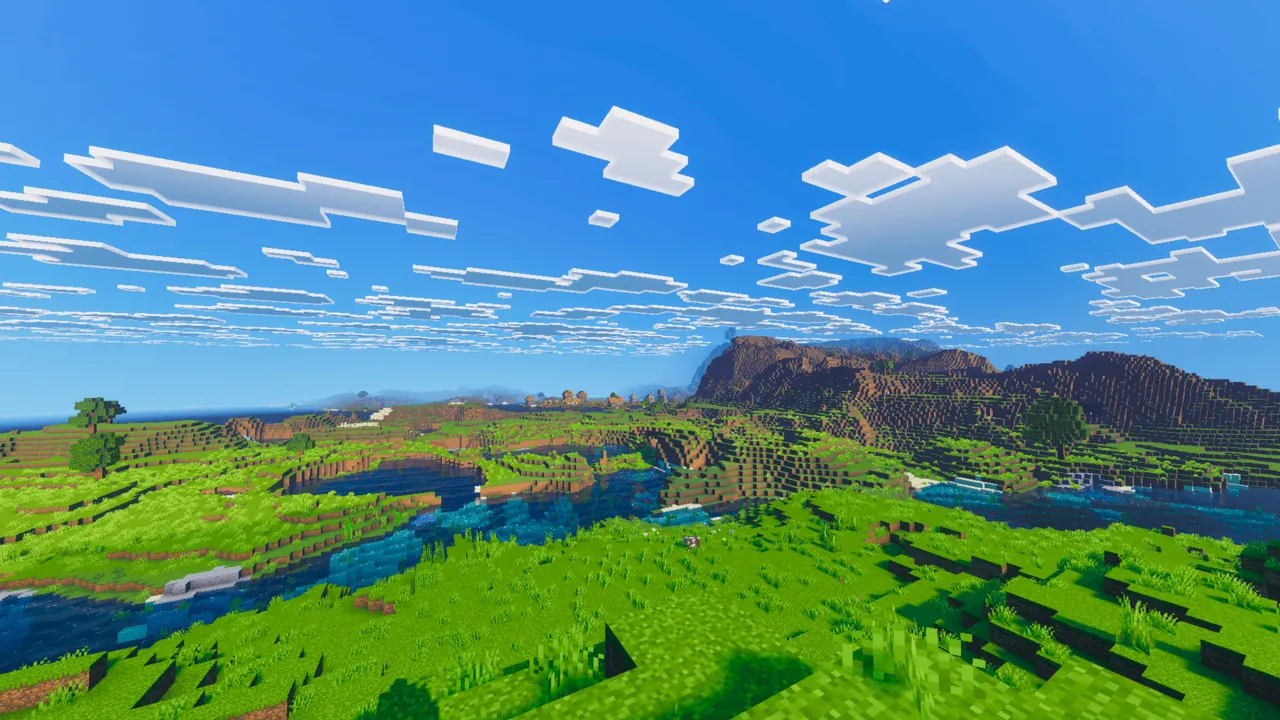 Vibrant Rt Visuals shader for Minecraft PE: Green hills and river under thick clouds