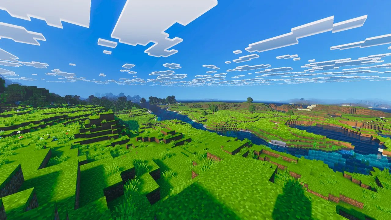 Vibrant Rt Visuals shader: River winding through grassy hills with soft shadows