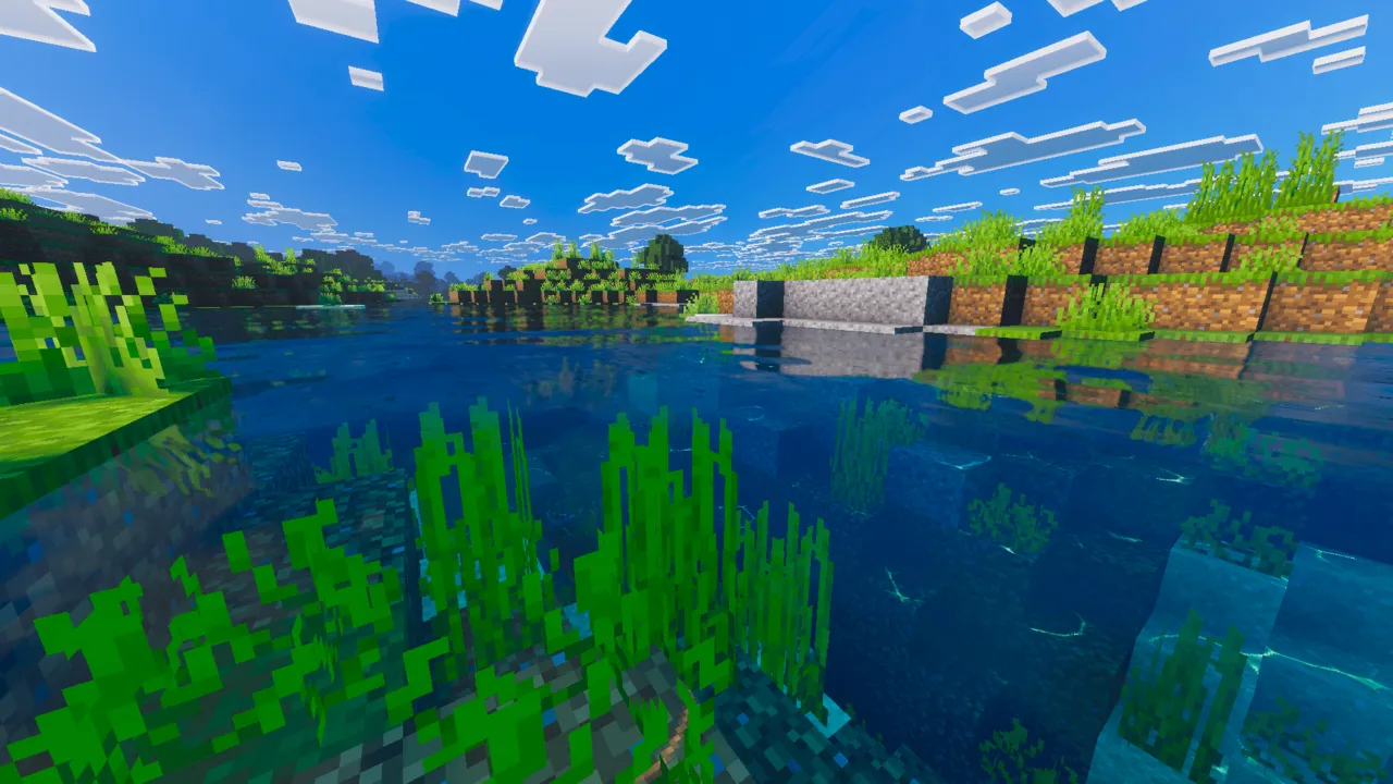 Vibrant Rt Visuals shader: Seagrass underwater near a grassy riverbank