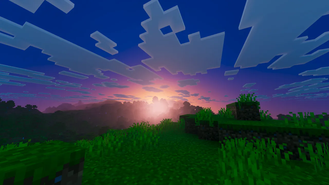 Vibrant Rt Visuals shader: Sunset glowing behind dark grassy hills