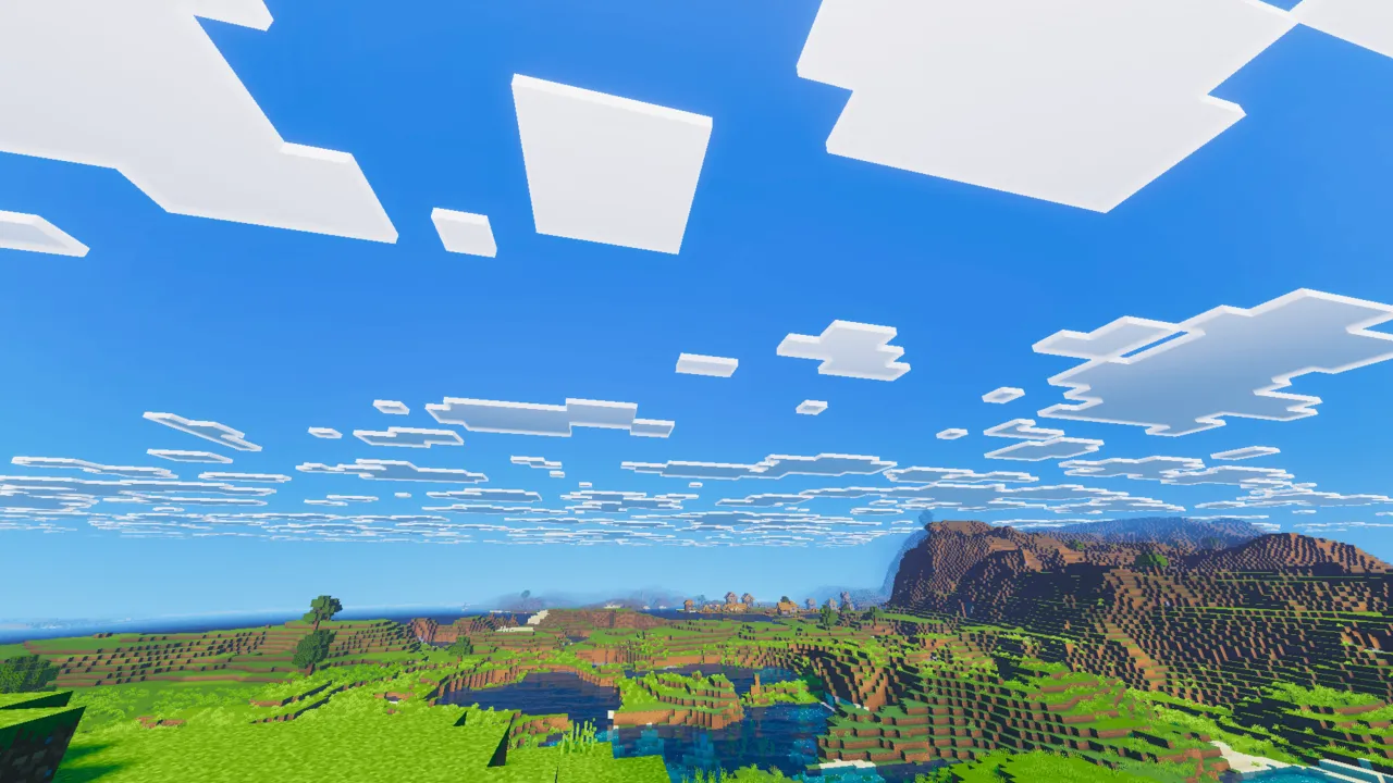 Vibrant Rt Visuals shader: Thick clouds above a lake and brown mountain