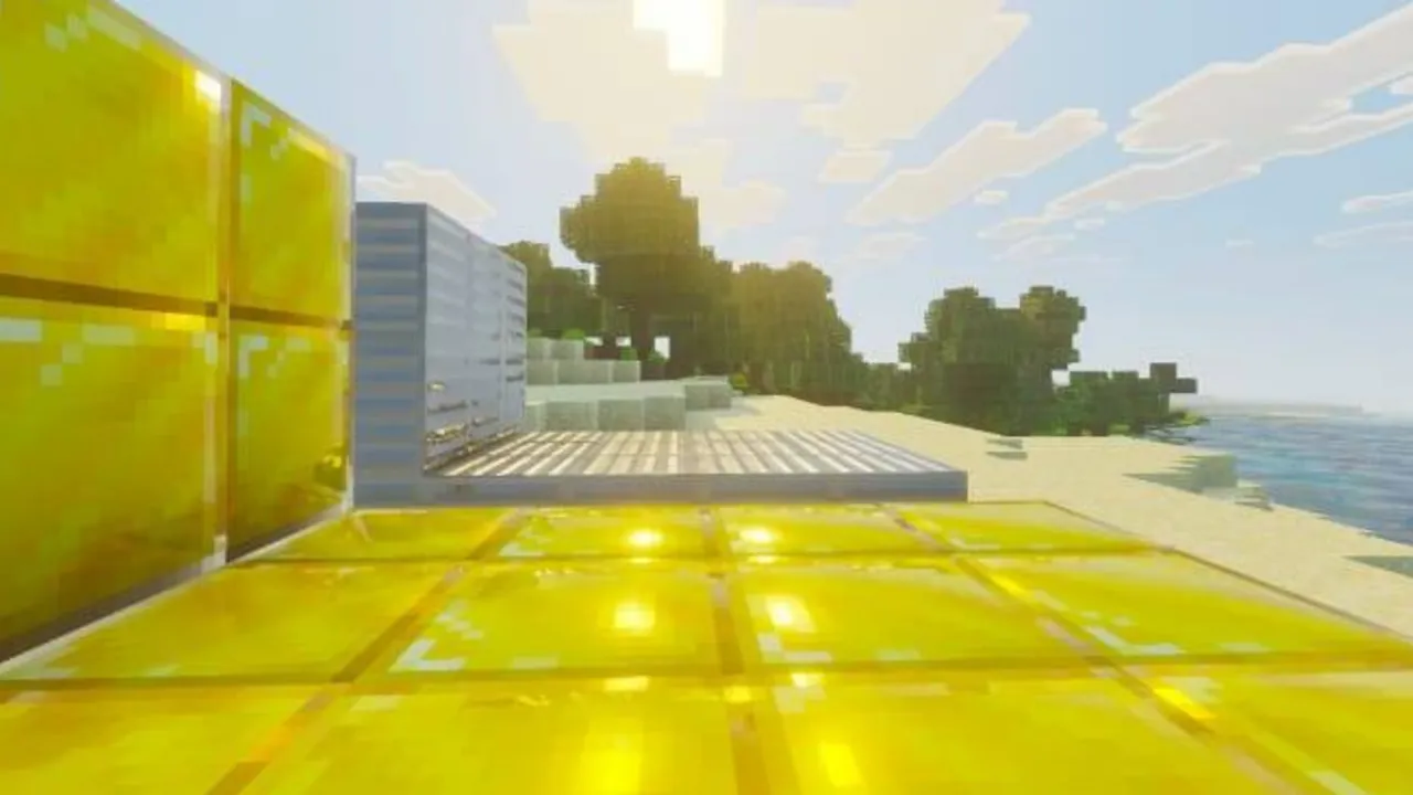 Wandrer's Visual Pack shader: Golden blocks on beach near water