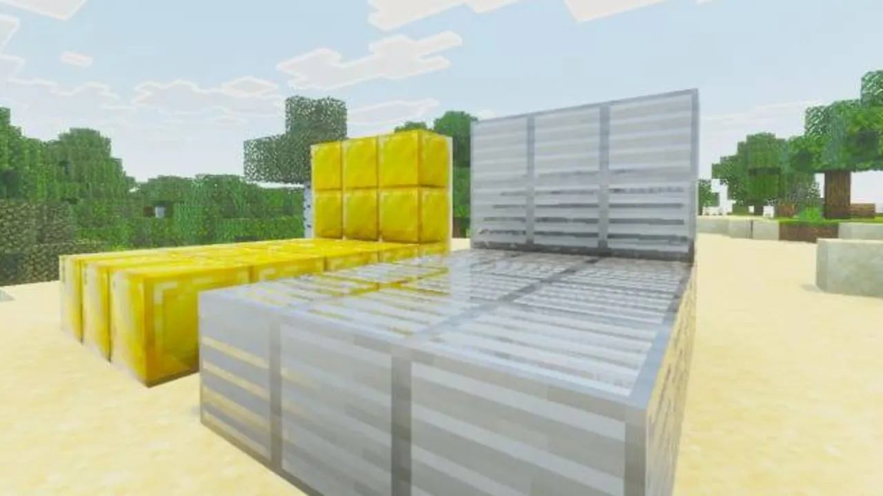 Wandrer's Visual Pack shader: Yellow and gray blocks in a sandy area