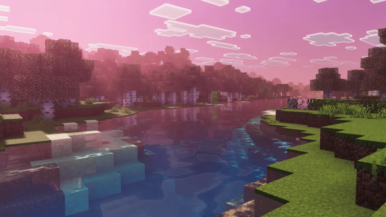 Xiao Sakura Visuals shader: Pink sky over river and trees