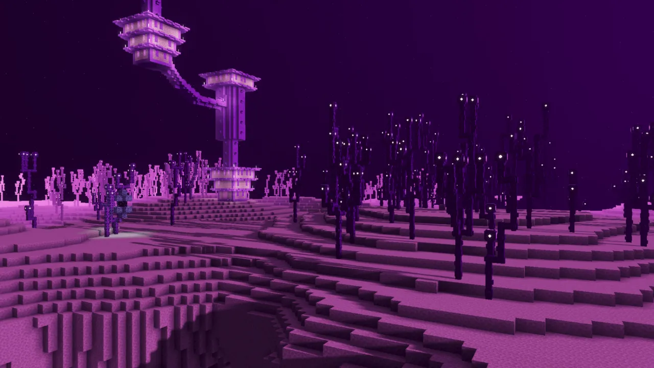 Xiao Sakura Visuals shader: Purple glowing structures in a dark landscape