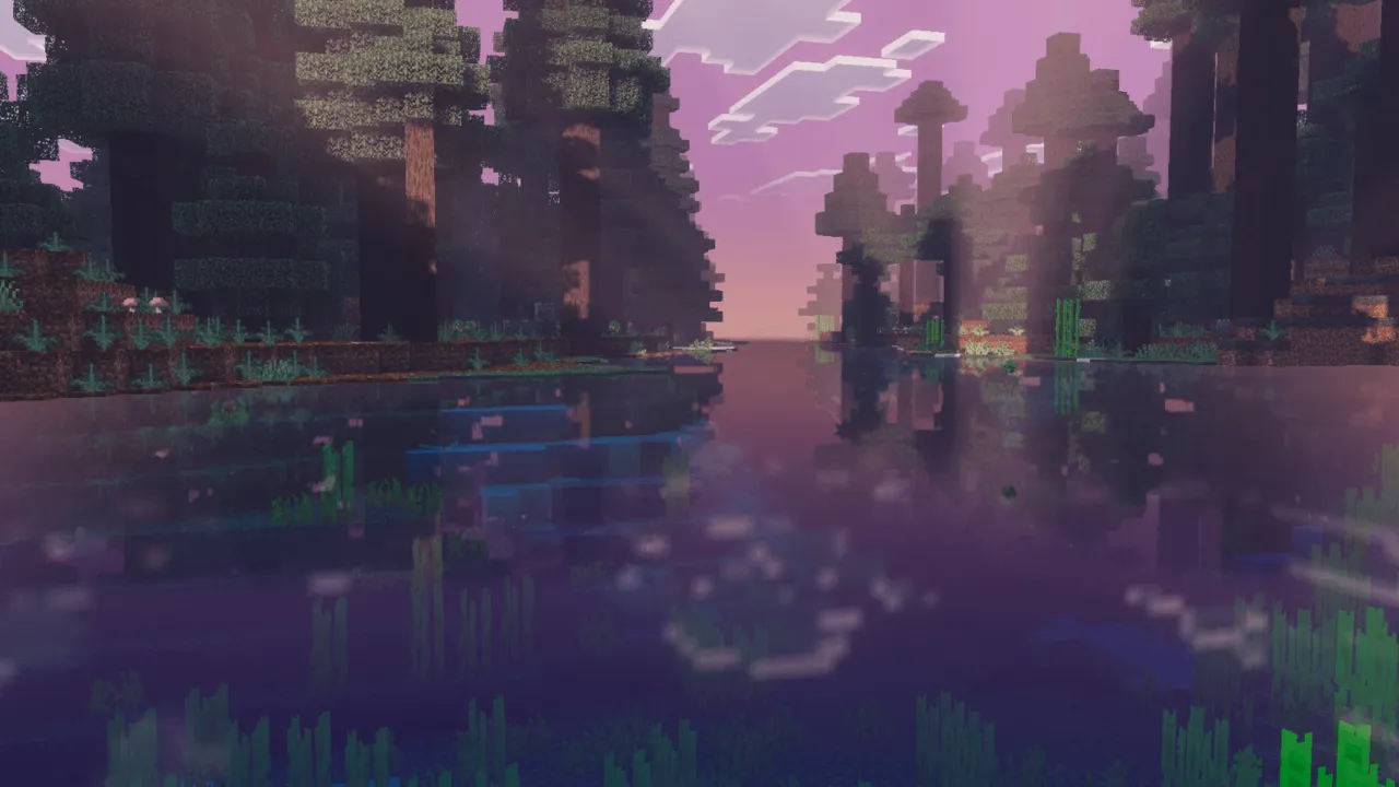 Xiao Sakura Visuals shader: Purple sky over water with trees