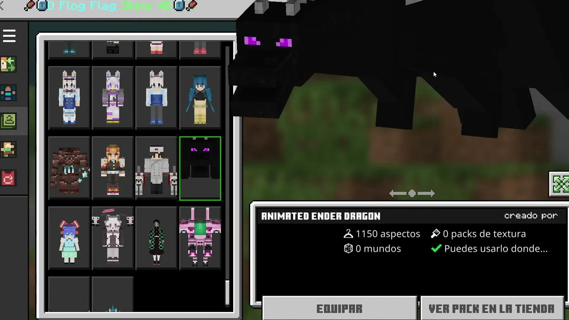 1150 Skins 4D Pack: Animated Ender Dragon skin selection