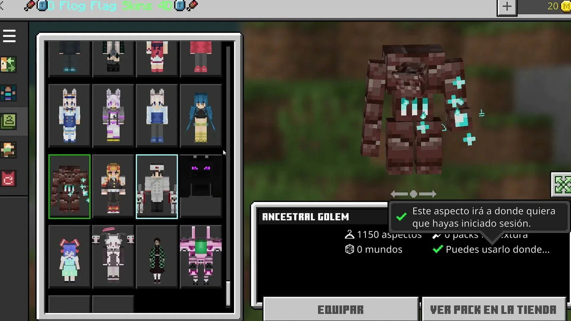 1150 Skins 4D Pack: Skin selection screen with Ancestral Golem skin equipped