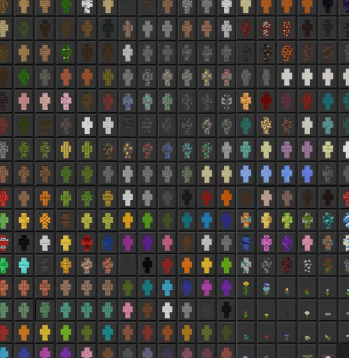 Camouflage and Trolling Skinpack: Grid of colorful block-themed skins