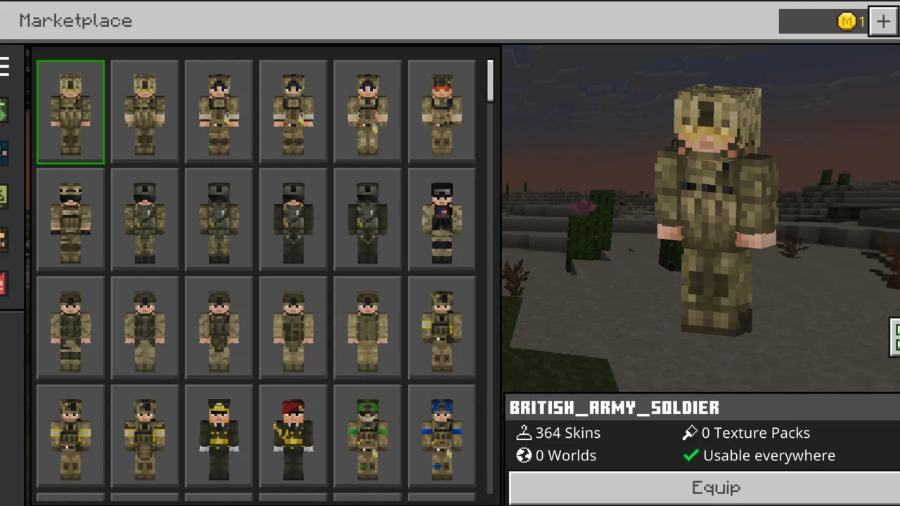 Default642172's Military Skins: Soldier skin selection screen