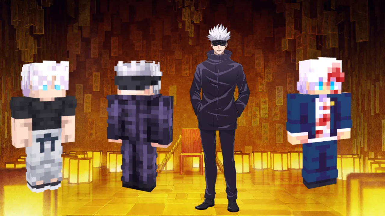 Gojo Skin Pack for Minecraft PE: Four characters in a room with wooden walls and floor