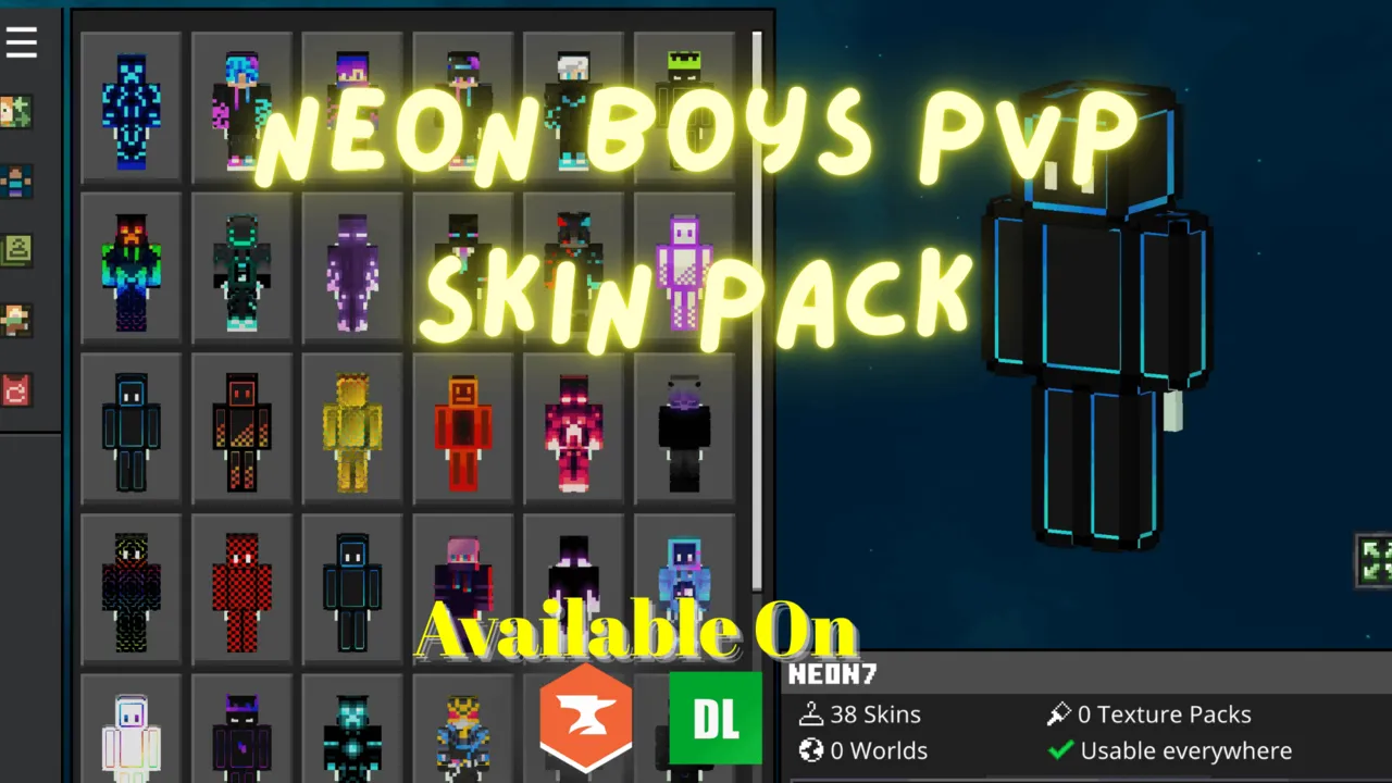 Neon Boys PvP Skin Pack for Minecraft PE: Sixty-five boy skins in a single pack