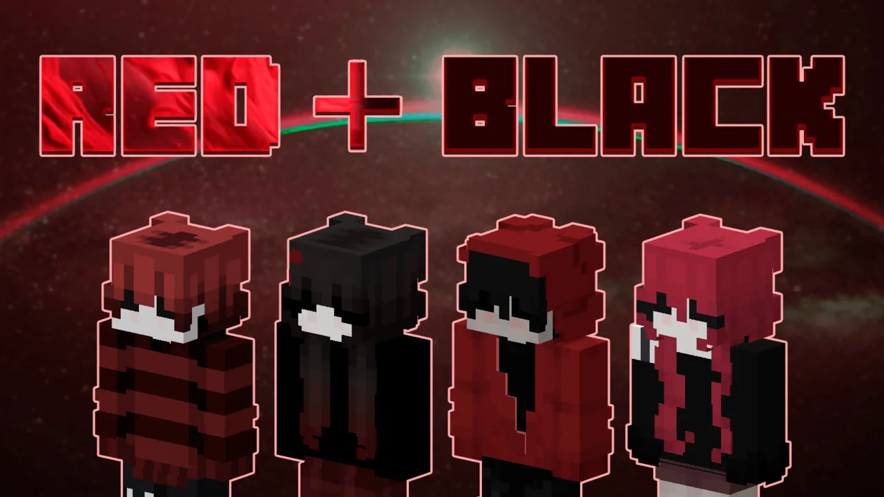 Red + Black skin pack for Minecraft PE: Six red and black skins shown