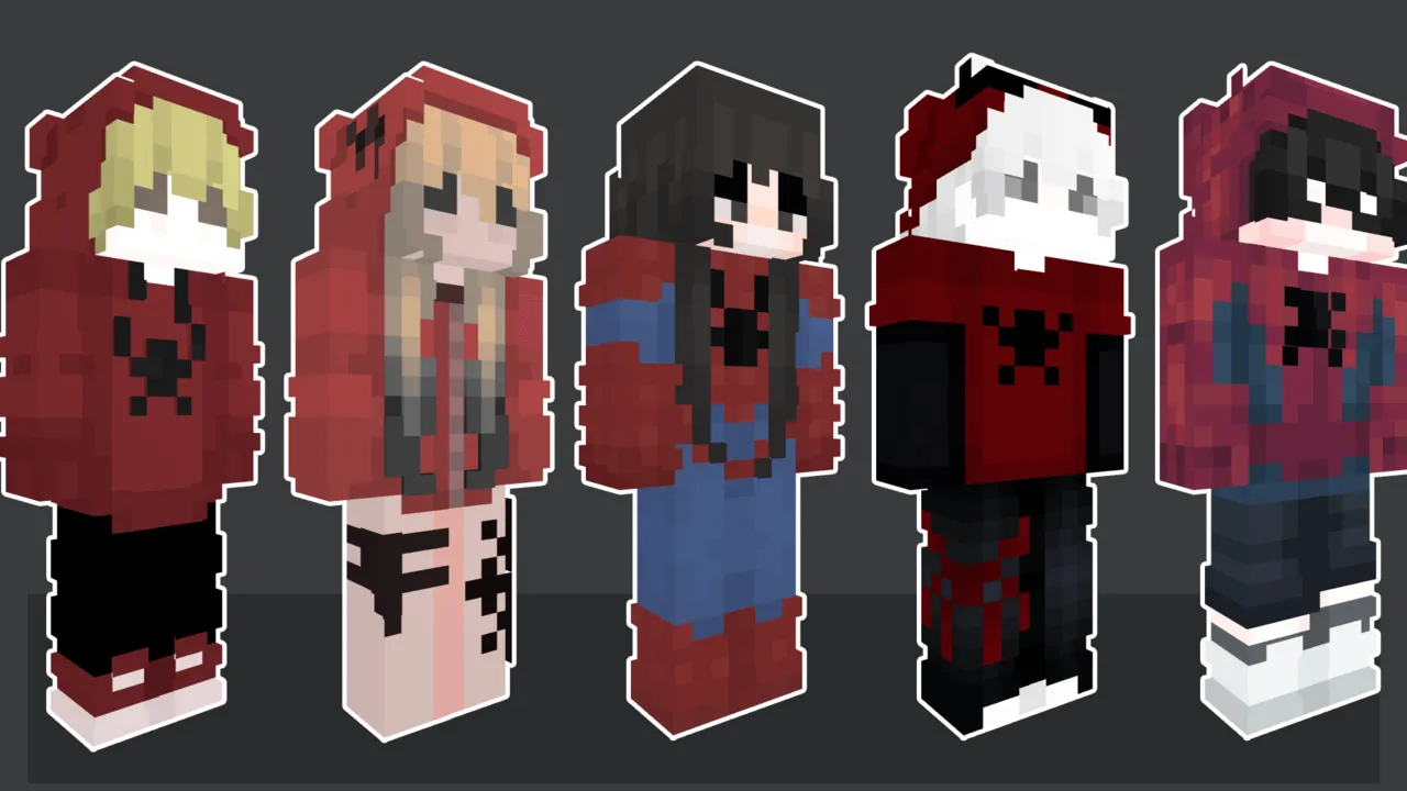 Spider-Fans Club Skinpack for Minecraft PE: Five character skins in red and blue