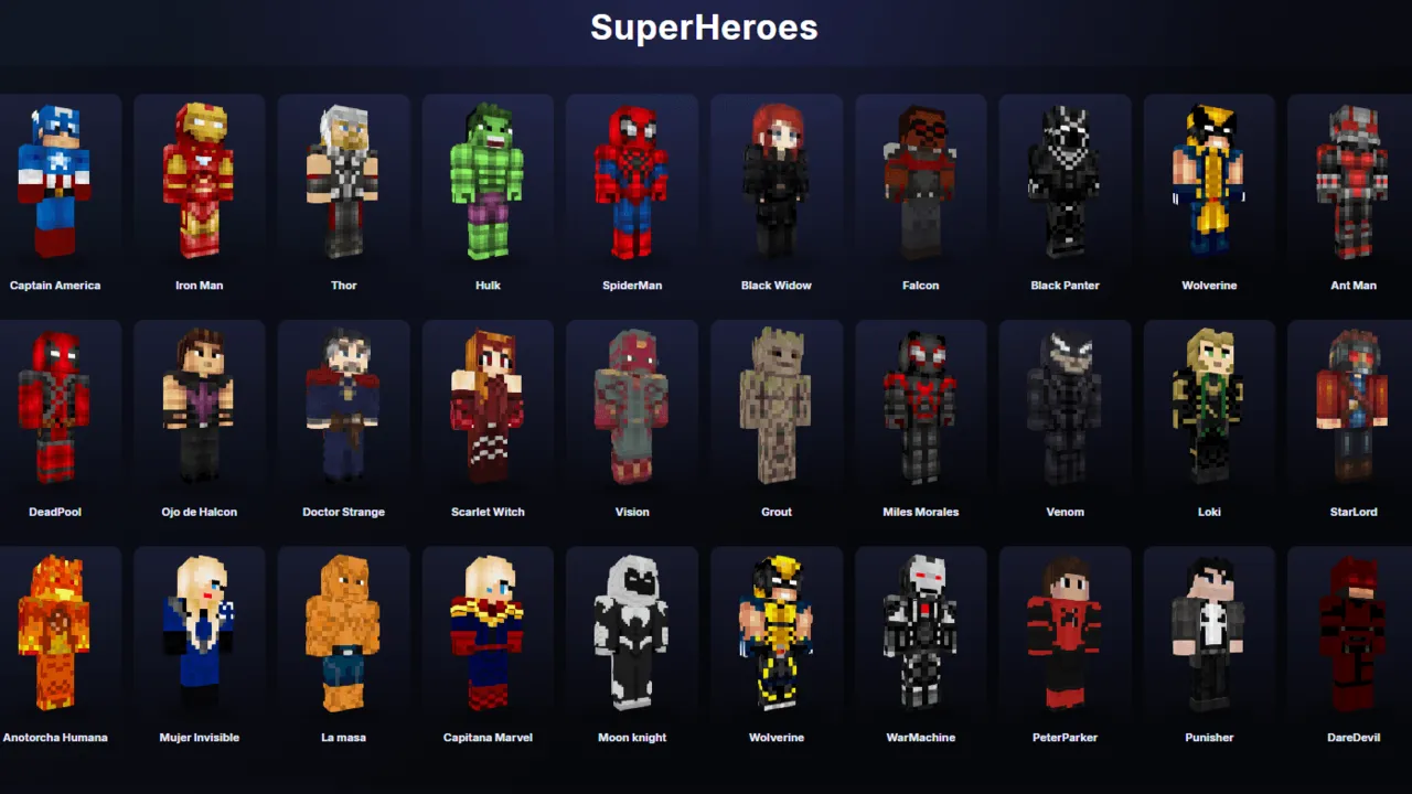Super Heroes skin pack: A collection of costumes based on famous comic book heroes