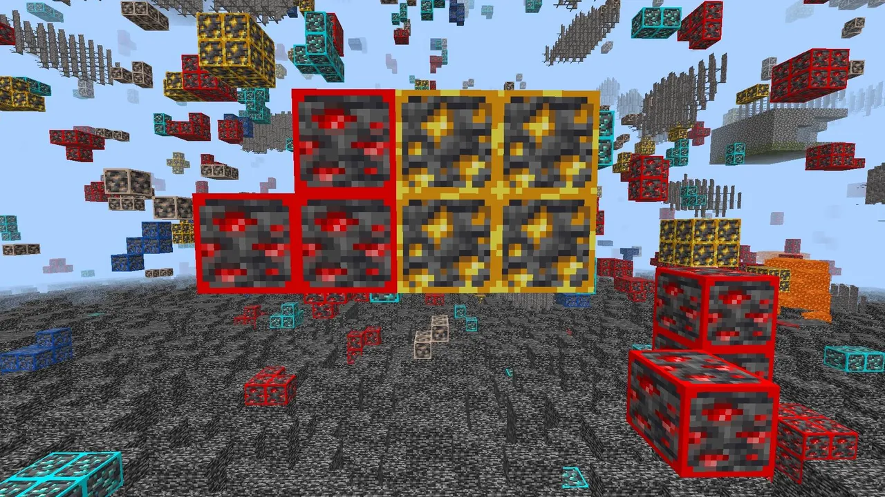 Advanced X-Ray texture pack for Minecraft PE: Red and gold blocks floating in sky