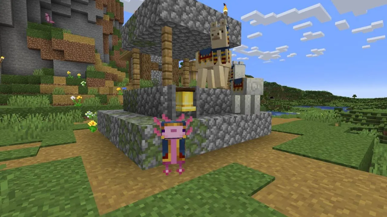 Axolotl Villagers texture pack: Axolotl trader in robe beside llamas and bell