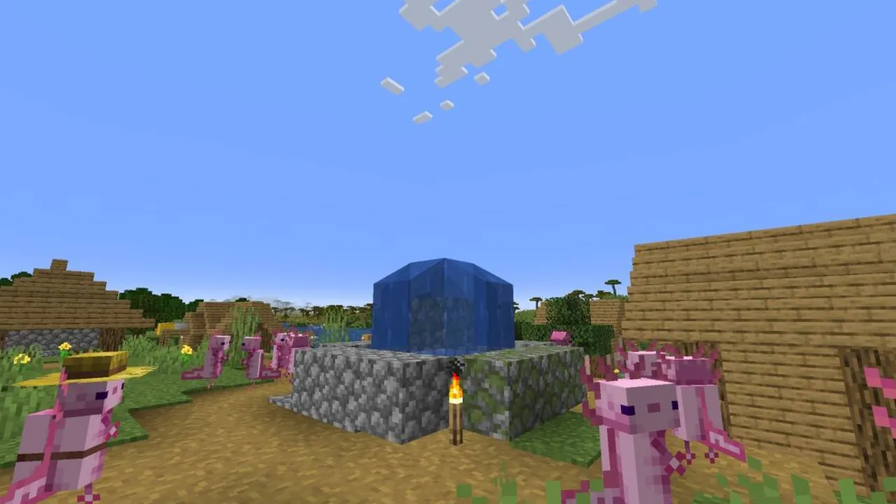Axolotl Villagers texture pack: Axolotl villagers near village well and torch