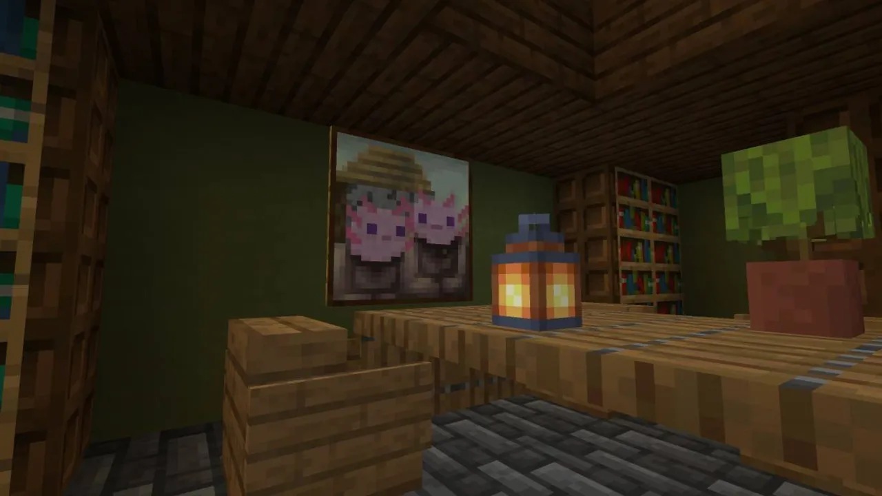 Axolotl Villagers texture pack: Painting of two axolotls in a library room