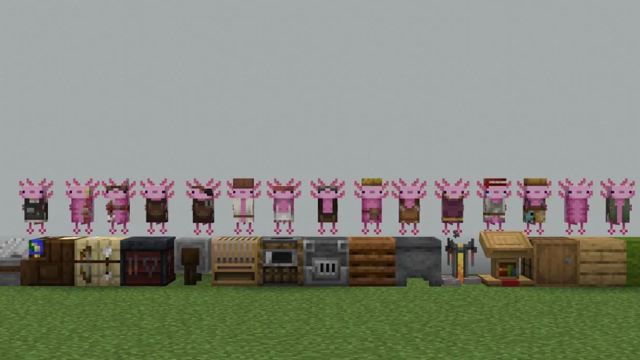 Axolotl Villagers texture pack: Row of axolotl villagers above job station blocks