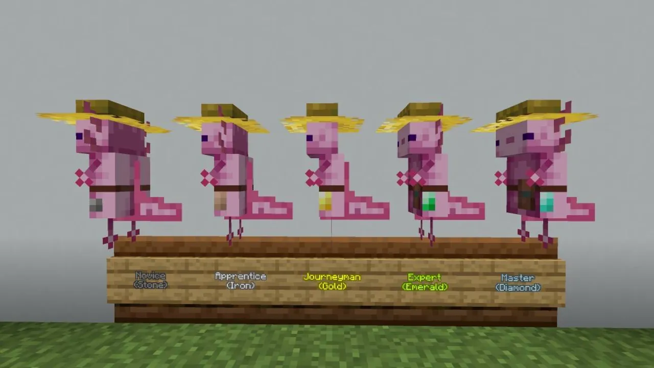 Axolotl Villagers texture pack: Straw hat axolotls on Novice to Master levels