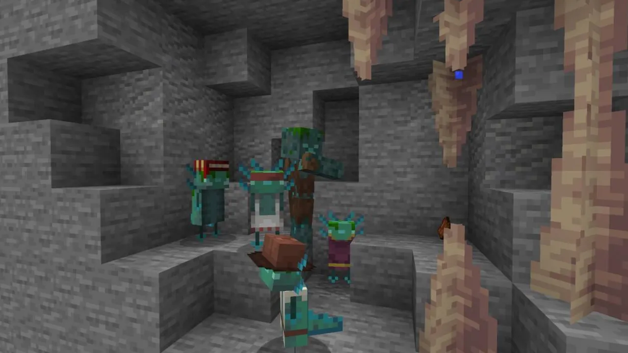 Axolotl Villagers texture pack: Teal axolotl zombie villagers in dripstone cave