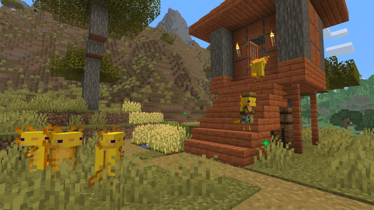 Axolotl Villagers texture pack: Yellow axolotls near a red wooden house
