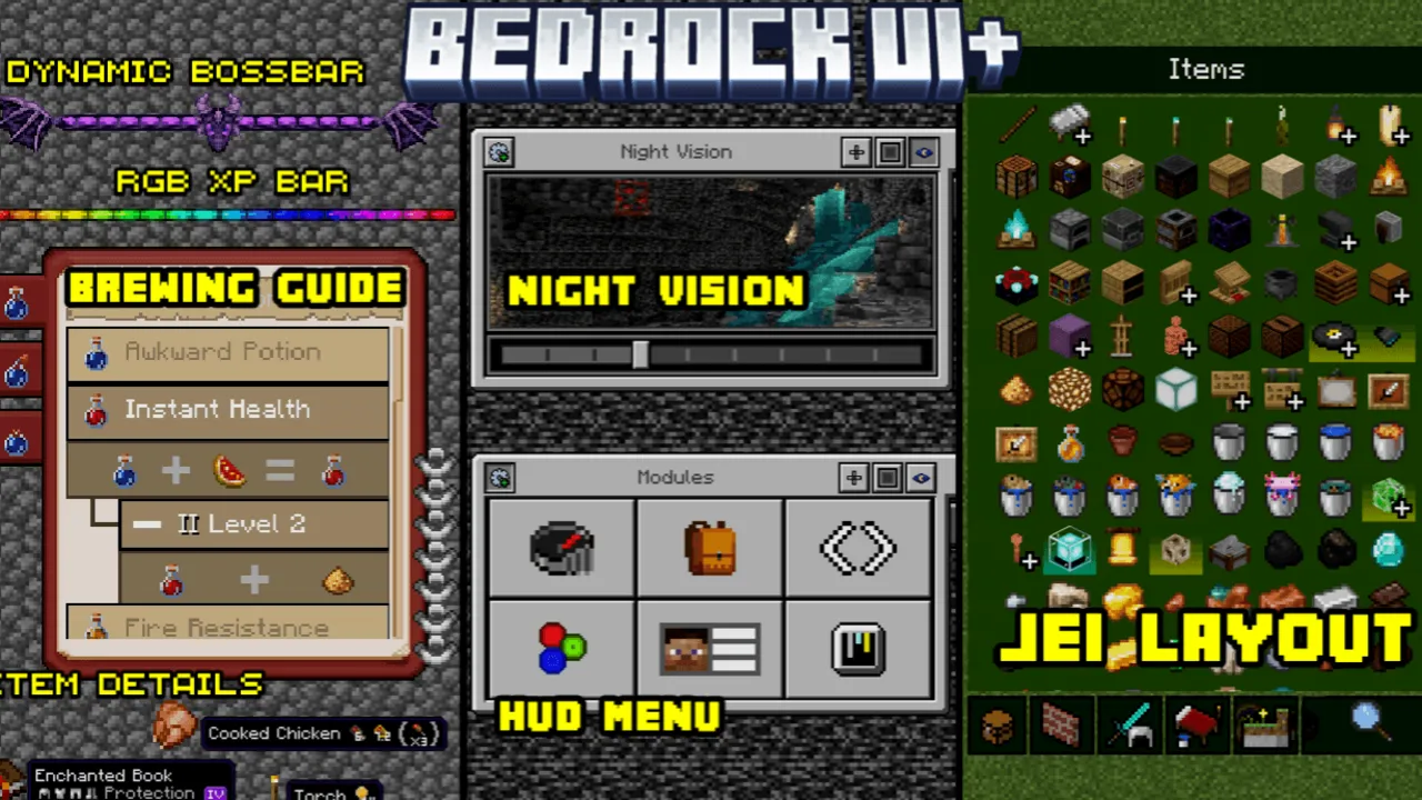 Bedrock UI+ texture pack for Minecraft PE: Custom UI with brewing guide and item details