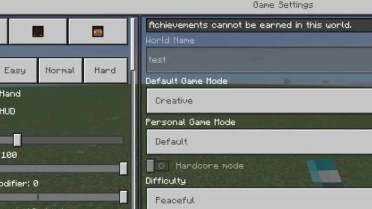 Bedrock UI+ texture pack: Game settings menu with difficulty and mode options