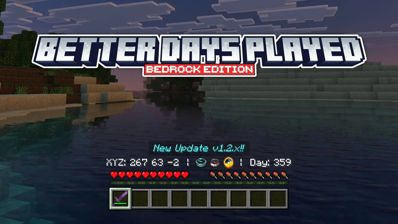 Better Days Played texture pack for Minecraft PE: Water scene with game stats shown