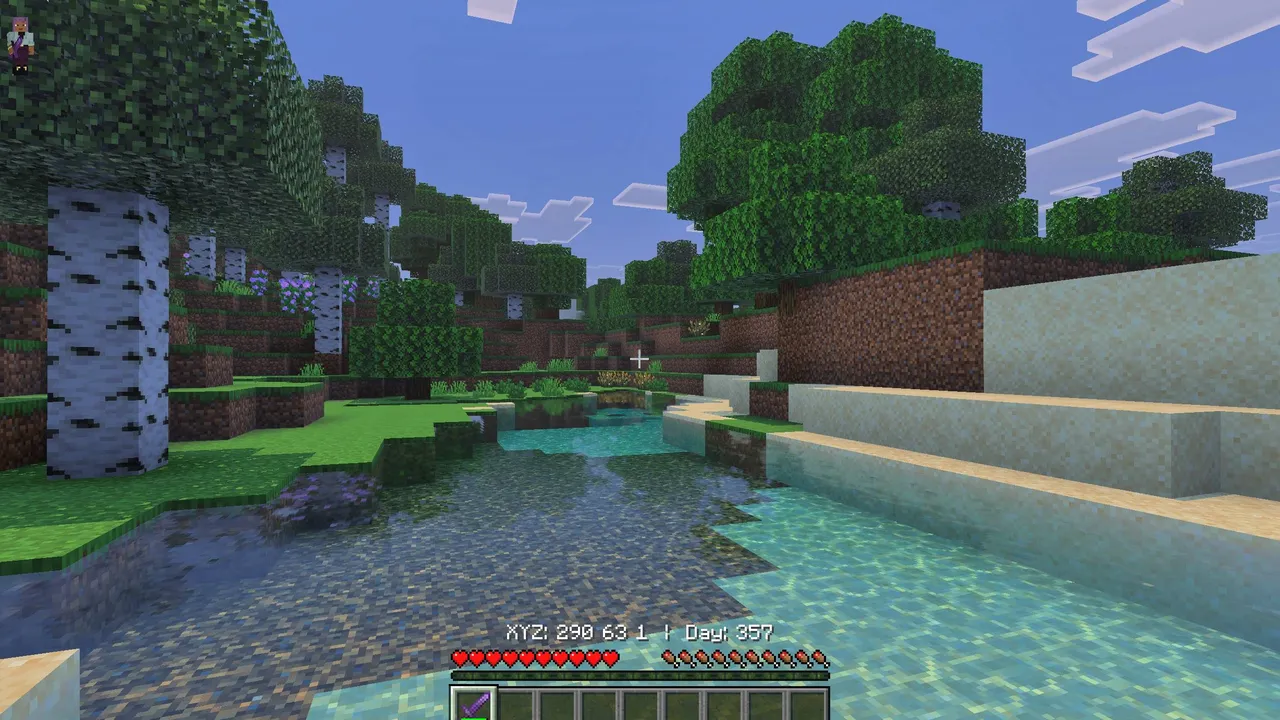 Better Days Played texture pack: Player in forest with river and trees