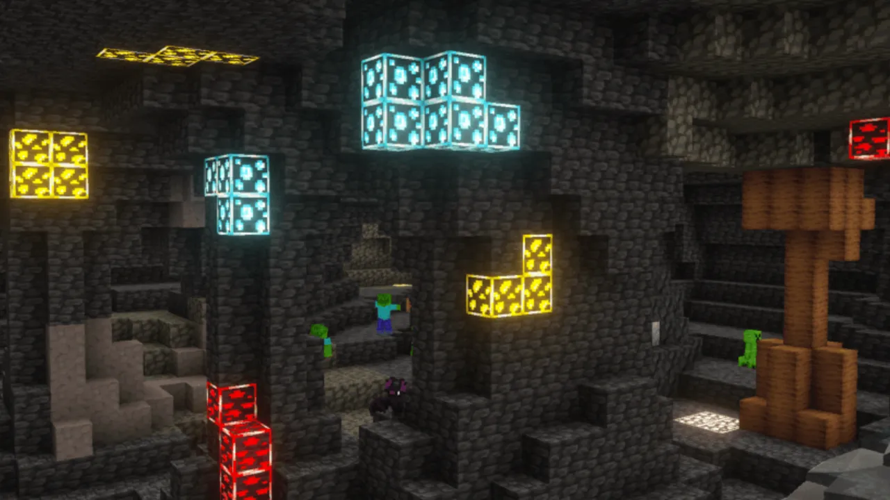Better Glowing Ores texture pack: Glowing ores in a dark cave