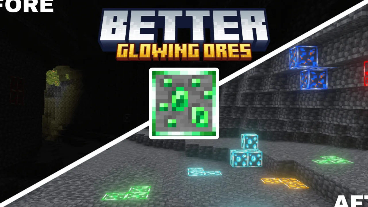 Better Glowing Ores texture pack for Minecraft PE: cover art