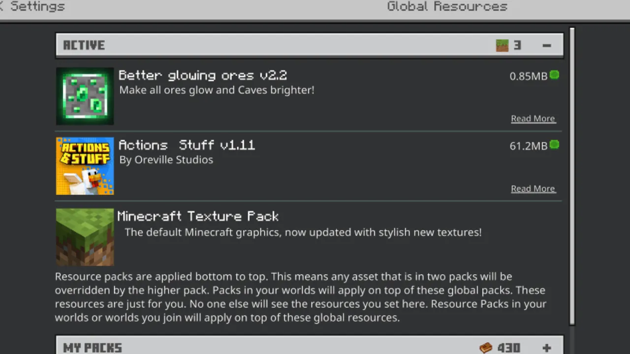 Better Glowing Ores texture pack: Settings menu with texture packs listed