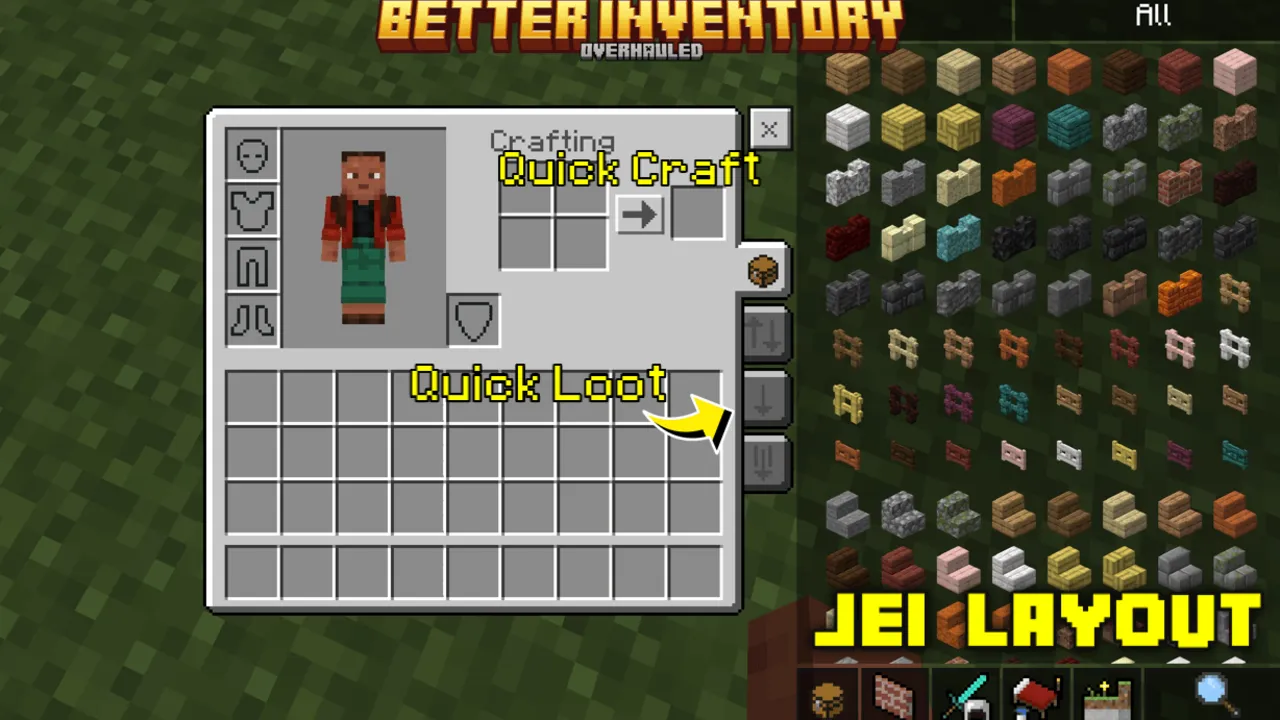 Better Inventory Overhauled texture pack for Minecraft PE: Inventory with quick craft and loot options