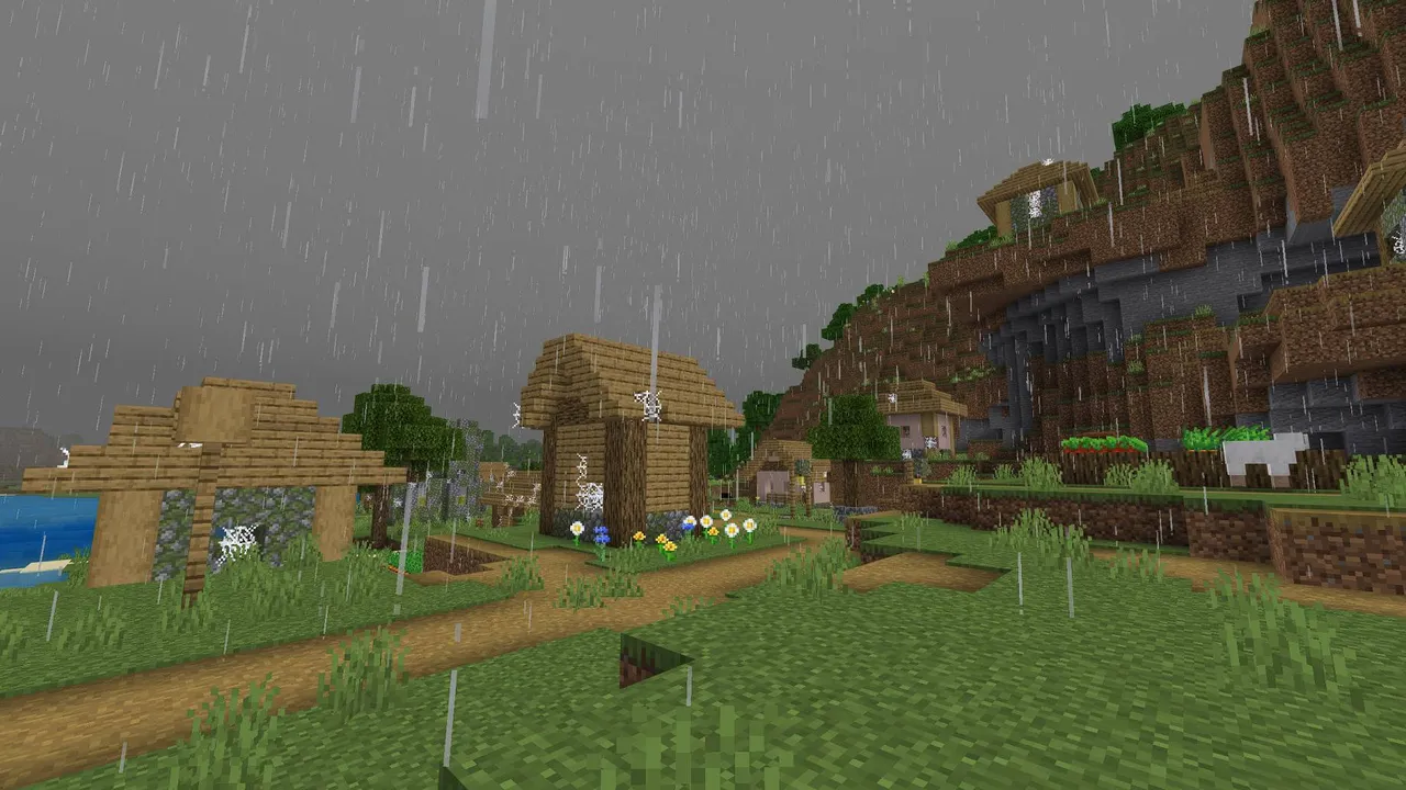 Better Rain pack: Rain falling over a village with houses and hills
