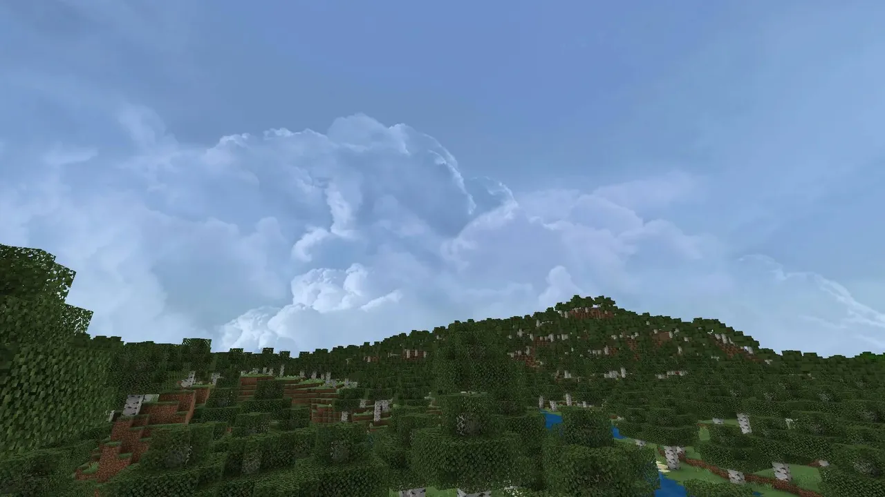 Dramatic Skys Bedrock texture pack for Minecraft PE: Realistic clouds over forested hills