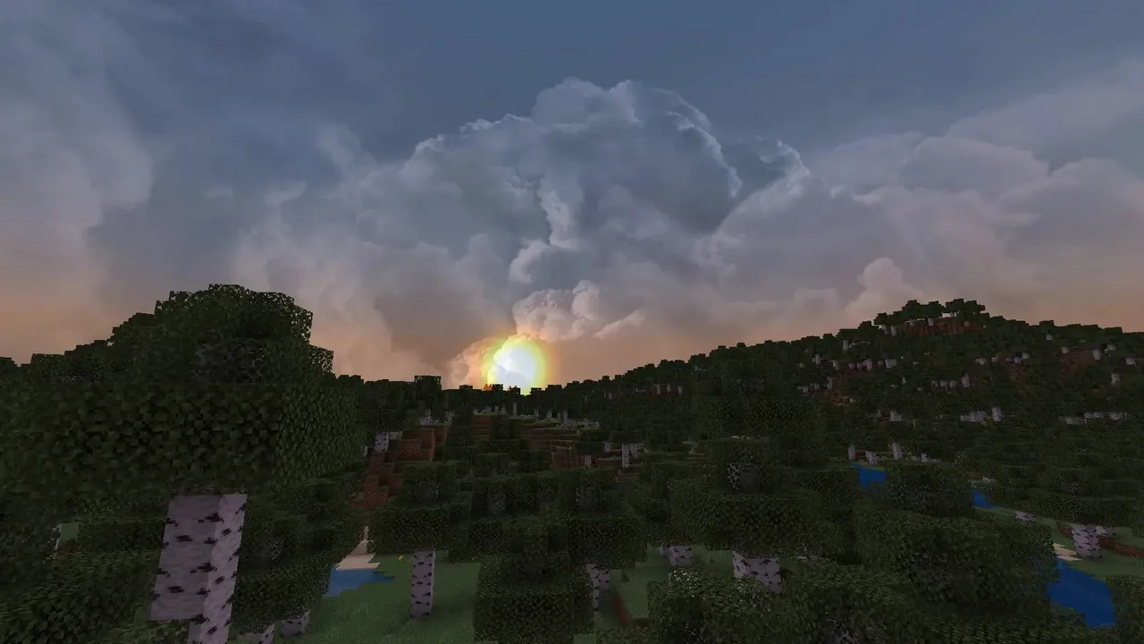 Dramatic Skys Bedrock texture pack: Sunset with dramatic clouds over forest