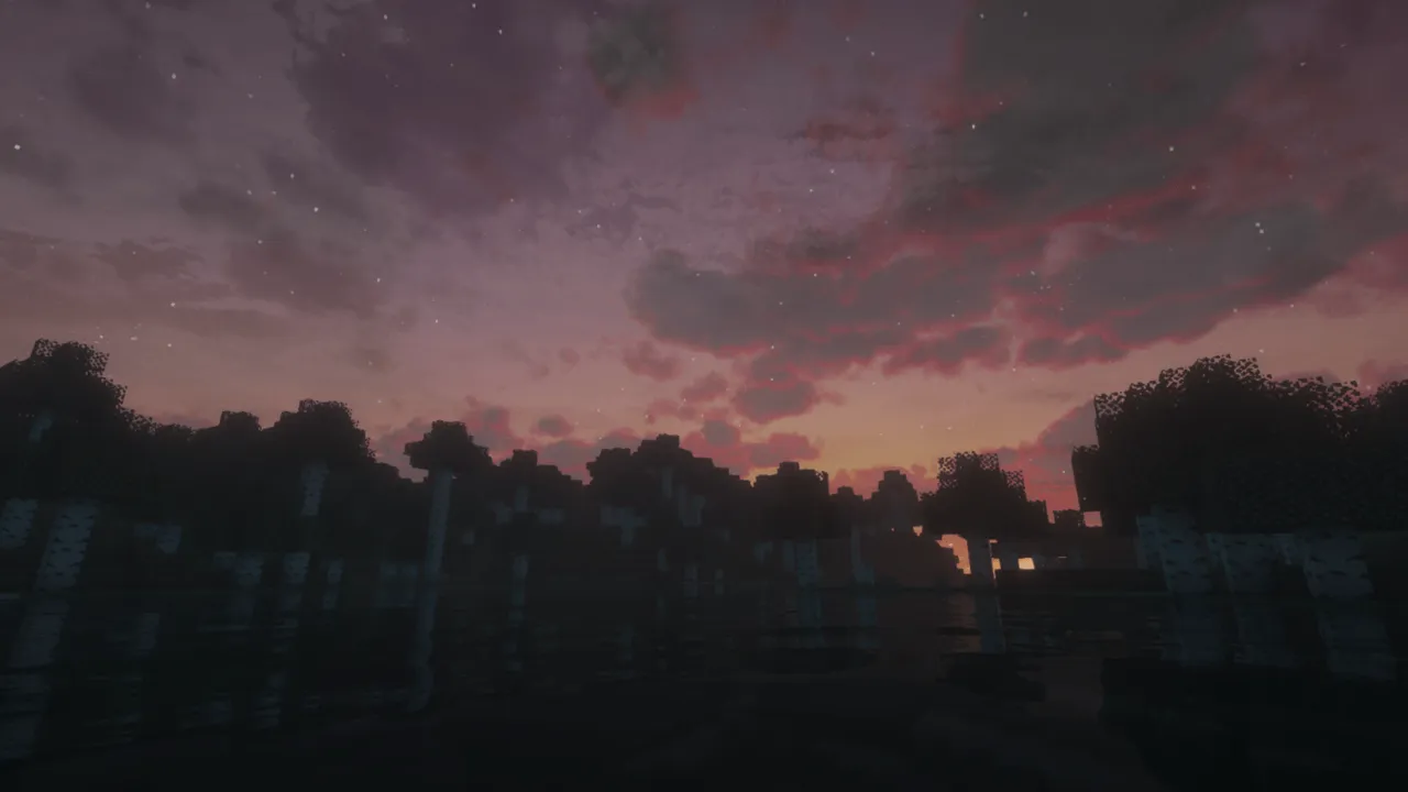 Dramatic Skys Bedrock texture pack: Night sky with colorful clouds over trees