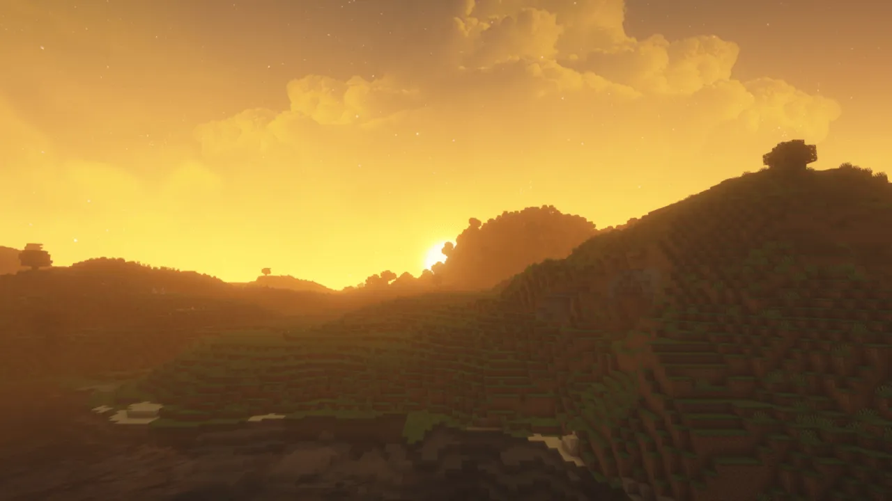 Dramatic Skys Bedrock texture pack: Sunset over hills with clouds
