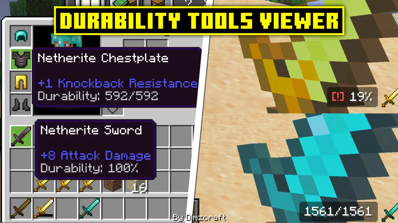 Durability Tools Viewer texture pack for Minecraft PE: Netherite armor and sword with durability shown