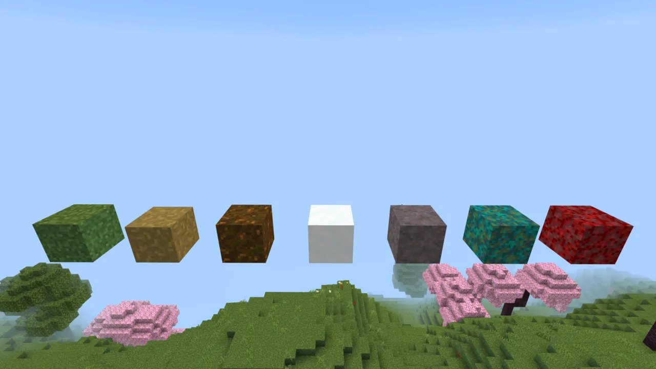 Fast Better Grass - Full Grass texture pack: Seven blocks with custom textures above grassy terrain