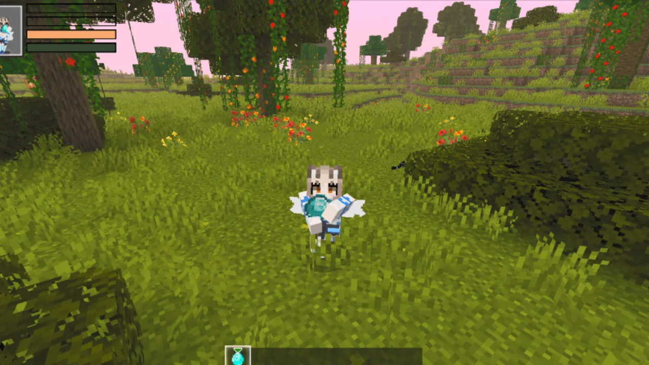 Fay's Player Animation texture pack: Player with wings flying in grassy field