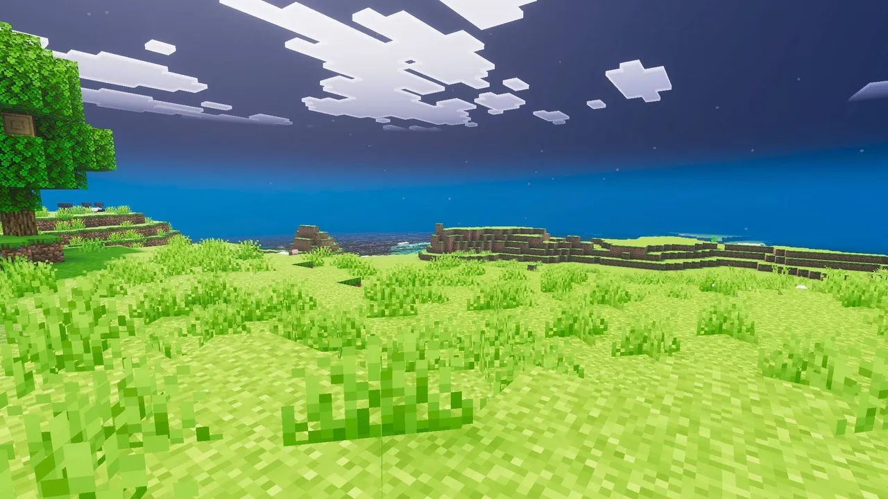 Full Bright Voxen texture pack: Bright grassy field with tree and ocean