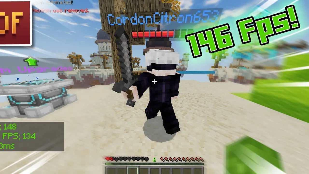Gan3 Optimal FPS Booster texture pack for Minecraft PE: Player holding sword on beach